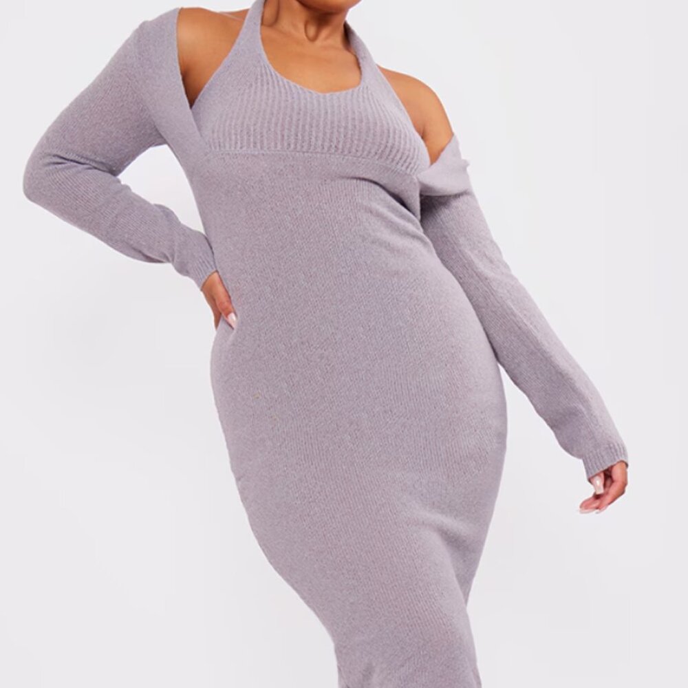 Pretty Little Thing Plus Grey Halterneck Knitted Midi Dress